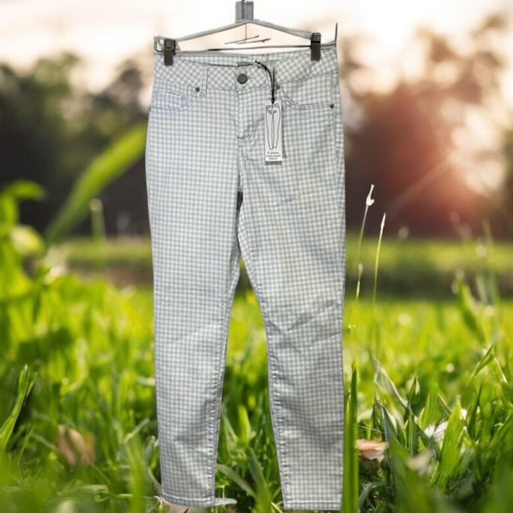 NWT D JEANS HIGH WAIST STRETCH SIZE 4 BLUE & WHITE CHECKER PLAID HIGH WAIST